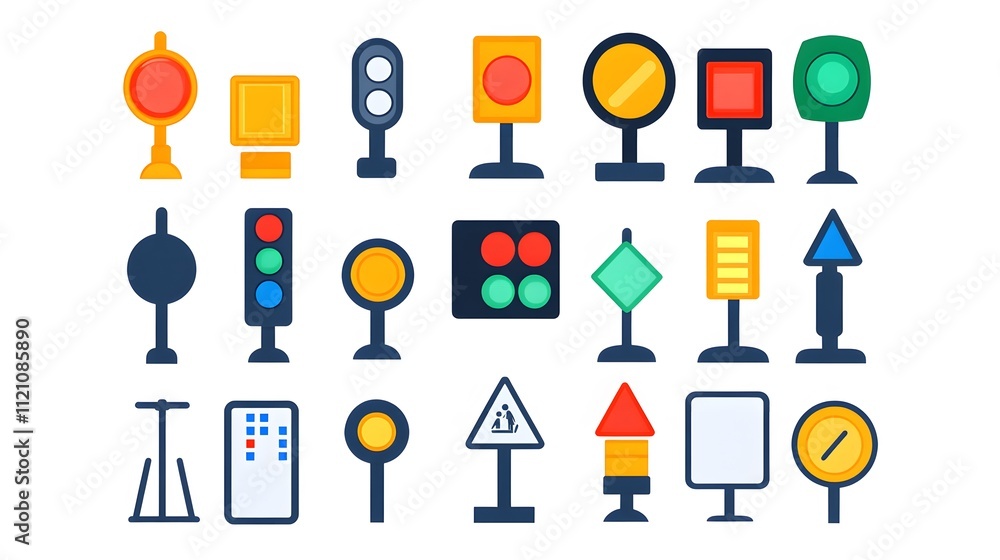 A vibrant layout of traffic light control signs, with signal icons in standard colors. White background. No shadow A vibrant layout of traffic light control signs, with signal icons in standard colors. White background. No shadow