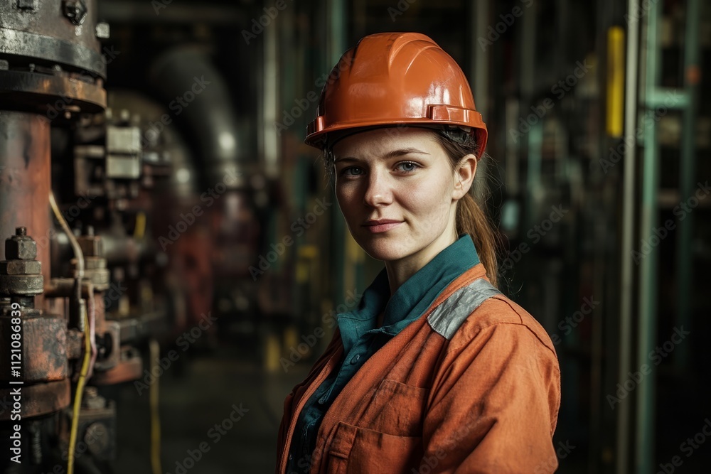 Confident female engineer posing in an industrial environment, showcasing expertise and professionalism in a technical field Confident female engineer posing in an industrial environment, showcasing expertise and professionalism in a technical field