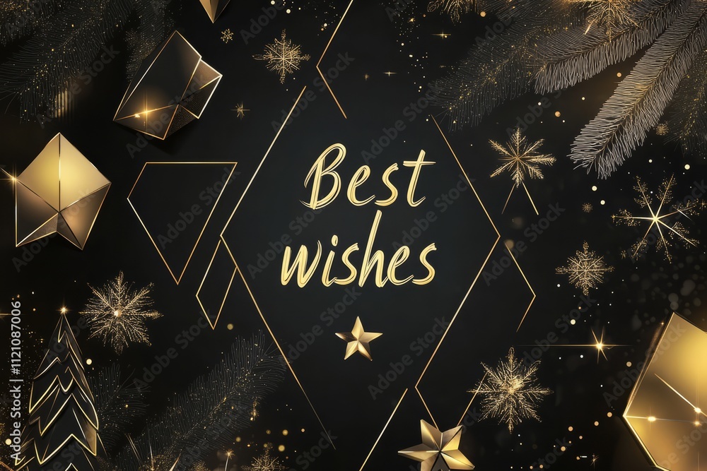 Naklejka premium Golden christmas greeting card with decorative snowflakes, stars and pine branches wishing best wishes on a dark background