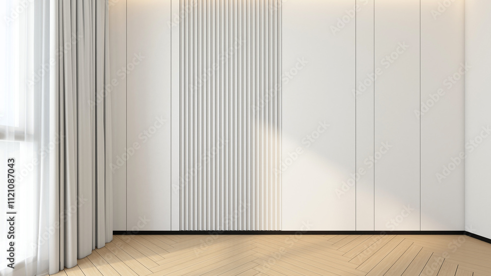 Empty room decorated with white wall groove pattern and wooden floor. 3D rendering Empty room decorated with white wall groove pattern and wooden floor. 3D rendering
