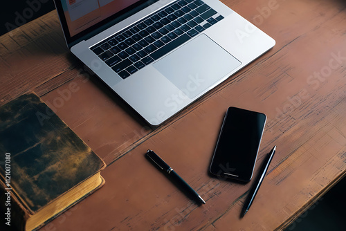 Top view of Minimalist Workspace with laptop computer book, pens and smart phone in rustic wooden table.