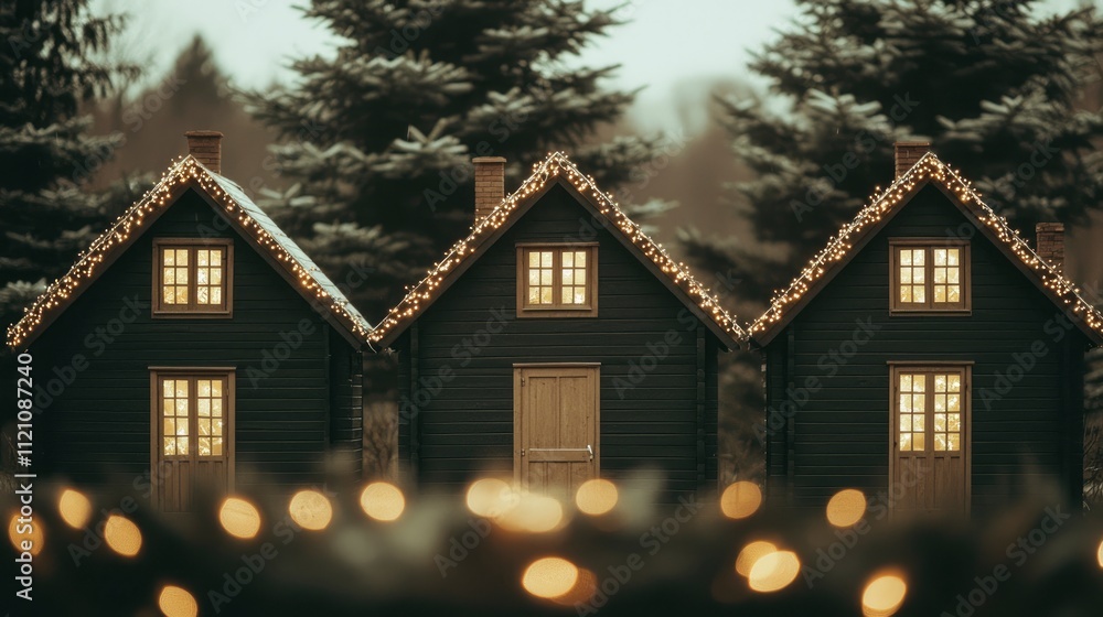 Cozy Christmas Cabins Illuminated by Fairy Lights Cozy Christmas Cabins Illuminated by Fairy Lights