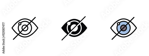 Set of 3 "Hide" icons with 1 line, 1 silhouette n 1 colored icon with an unexpanded vector icon inside - Hide icon eye with line through it, action of concealing or hiding content represent hidden ite