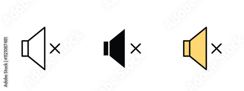 Set of 3 "Mute" icons with 1 line, 1 silhouette n 1 colored icon with an unexpanded vector icon inside - Mute icon speaker with line through it, symbolizing the action of silencing or muting sound