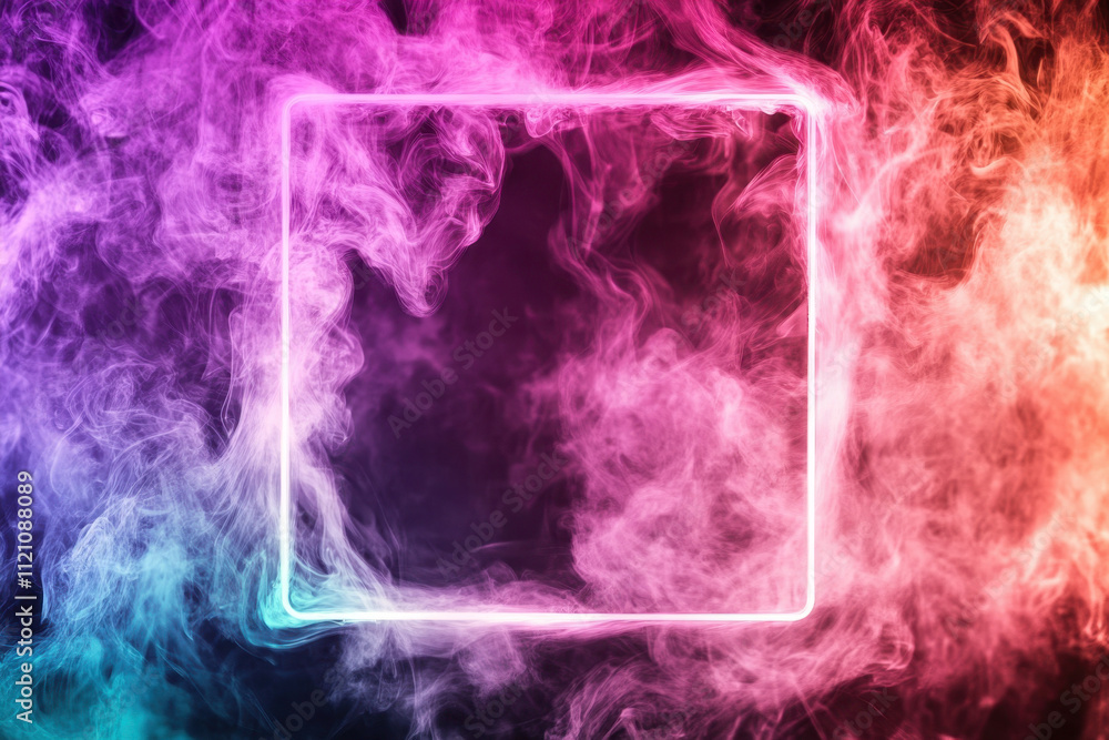 Obraz premium Vibrant neon light frame surrounded by swirling colorful smoke, creating a dynamic and mesmerizing visual experience.