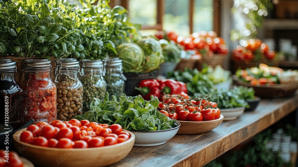 Fresh Organic Vegetables and Herbs Displayed on a Rustic Wooden Table in a Bright Greenhouse Setting, Perfect for Health and Nutrition Concepts Fresh Organic Vegetables and Herbs Displayed on a Rustic Wooden Table in a Bright Greenhouse Setting, Perfect for Health and Nutrition Concepts