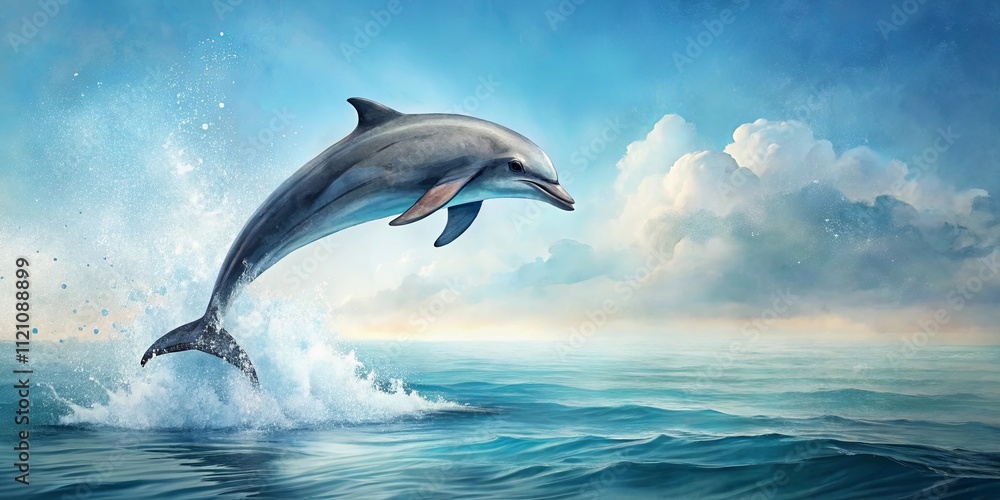 Fototapeta premium A graceful dolphin leaps high above the ocean waves, a breathtaking spectacle against a vibrant sky