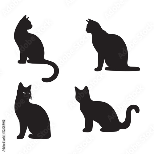 set of cat black and white vector , in a siting position , left pose , right pose , front side , on white background . 