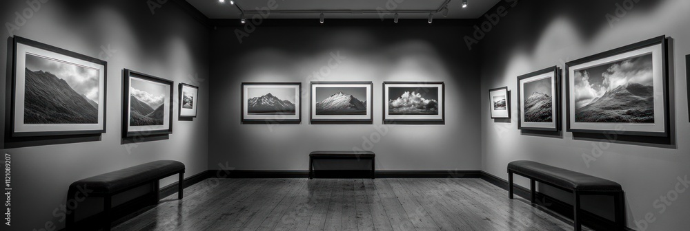 A monochrome gallery showcasing landscape photographs with benches for viewing. A monochrome gallery showcasing landscape photographs with benches for viewing.