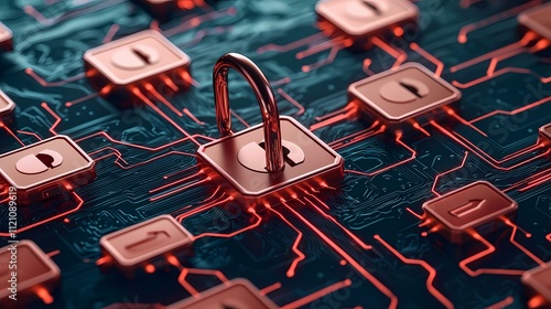 An open padlock rests on a circuit board,  symbolic of cybersecurity and data protection within a complex digital network. photo