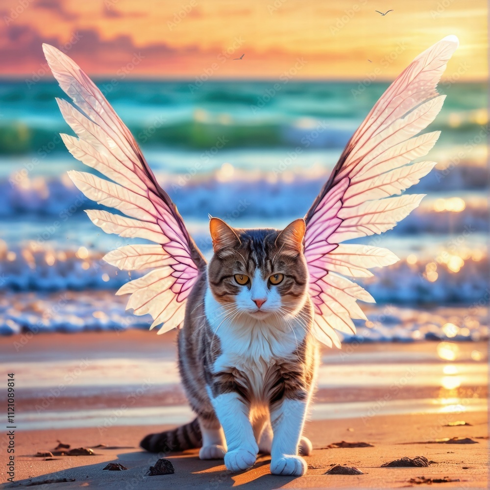 Obraz premium Angelic Cat on the Beach at Sunset: A Serene Coastal Fantasy