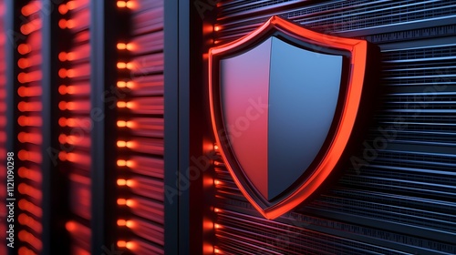 A glowing red shield emblem is affixed to a server rack, symbolizing the robust cybersecurity protecting the data within.