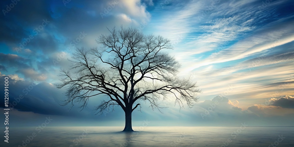 Serene Winter Landscape A Solitary Leafless Tree Stands on a Frozen Expanse Under a Dramatic Sky Serene Winter Landscape A Solitary Leafless Tree Stands on a Frozen Expanse Under a Dramatic Sky