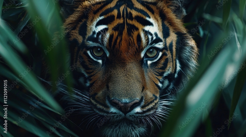 In the heart of a lush jungle, a Sumatran tiger gazes intently through the dense green foliage. The powerful predator exudes a sense of strength and beauty, embodying the spirit of its habitat In the heart of a lush jungle, a Sumatran tiger gazes intently through the dense green foliage. The powerful predator exudes a sense of strength and beauty, embodying the spirit of its habitat