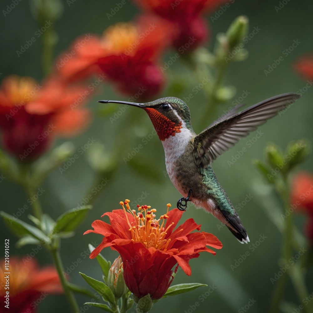Fototapeta premium A hummingbird drinking nectar from a bright red flower.