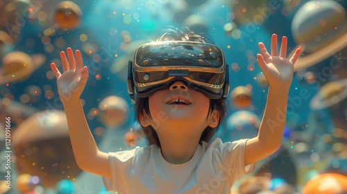 Joyful child wearing VR headset, exploring a virtual universe filled with planets.