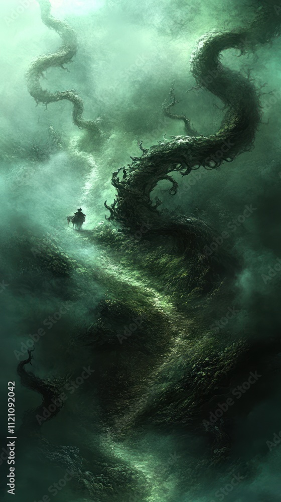 A dark, twisting vine-like structure emerges from misty surroundings, evoking mystery and fantasy. A dark, twisting vine-like structure emerges from misty surroundings, evoking mystery and fantasy.