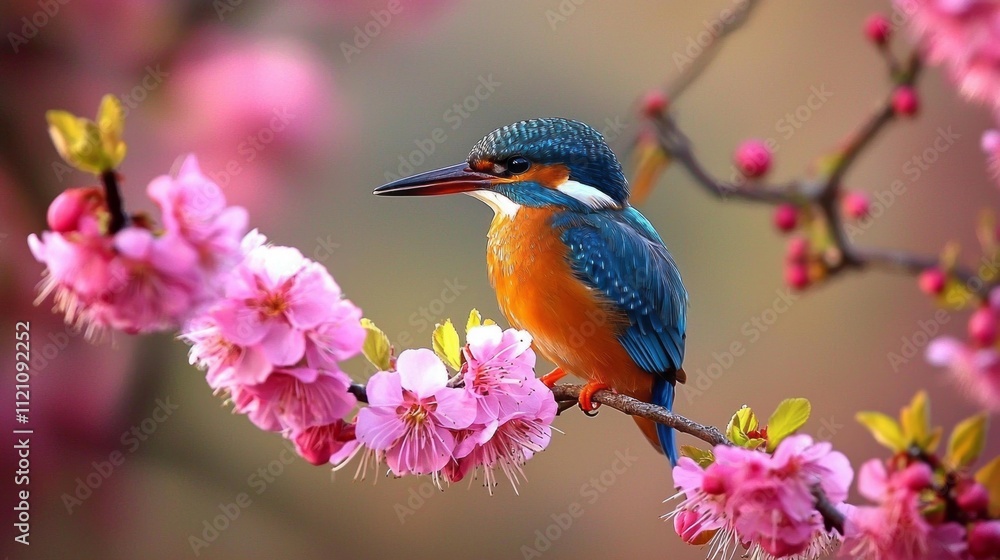 Obraz premium A vibrant common kingfisher rests elegantly on a branch adorned with blooming cherry blossoms. The colorful bird reflects the tranquility of spring's beauty and life