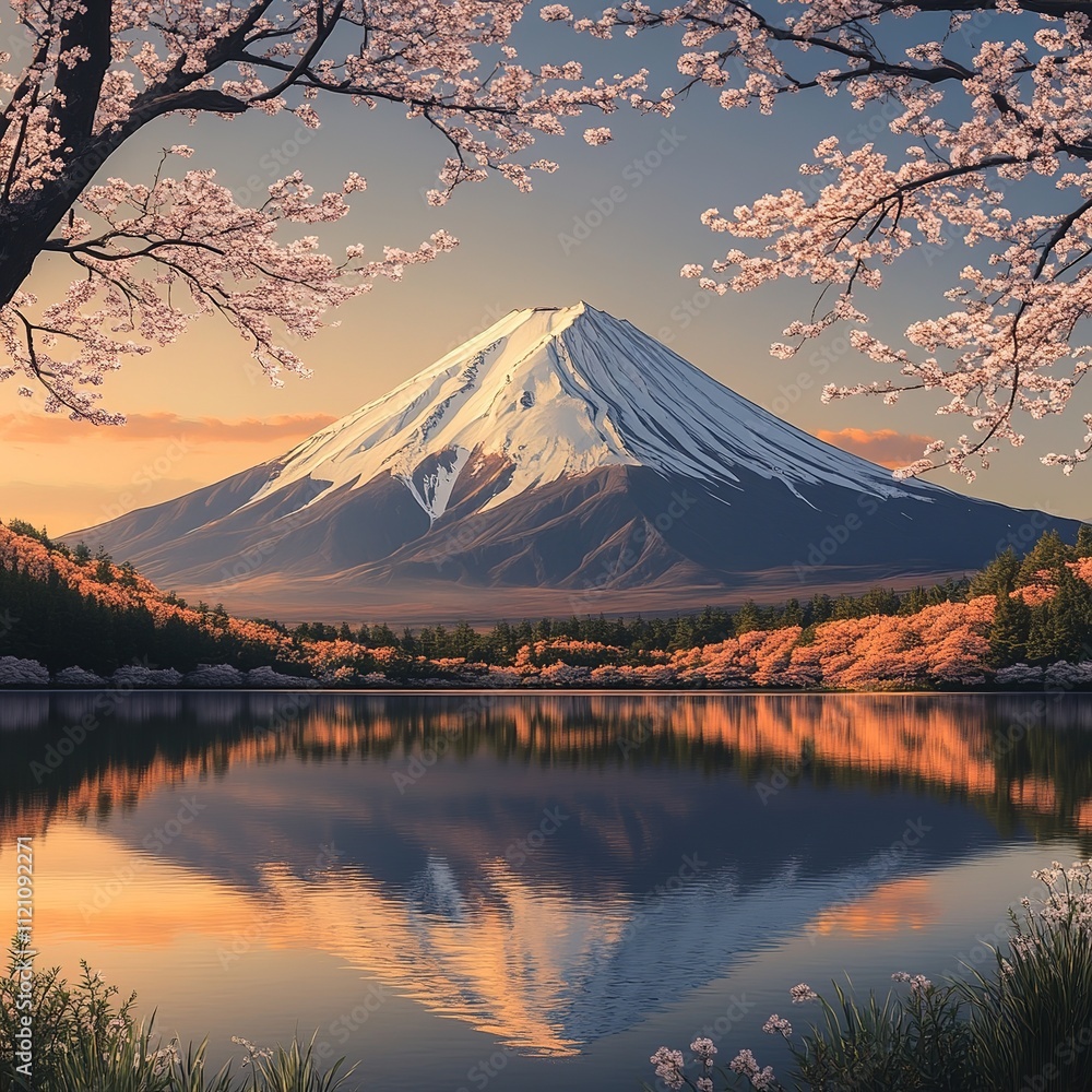Mount Fuji in a hyper-realistic graphic style, showcasing its majestic snow-capped peak with intricate textures and natural contours Mount Fuji in a hyper-realistic graphic style, showcasing its majestic snow-capped peak with intricate textures and natural contours