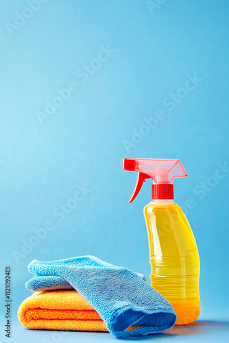 Generated microfiber cloth and spray cleaner rest on the left corner of a blue background, with a blue wet tiled surface in focus. The scene evokes cleaning tasks, ideal for household and maintenance  photo