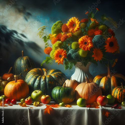 an autumn still life with green and orange pumpkins, vibrant flowers in a white vase, and dramatic shadows on a blue wall photo