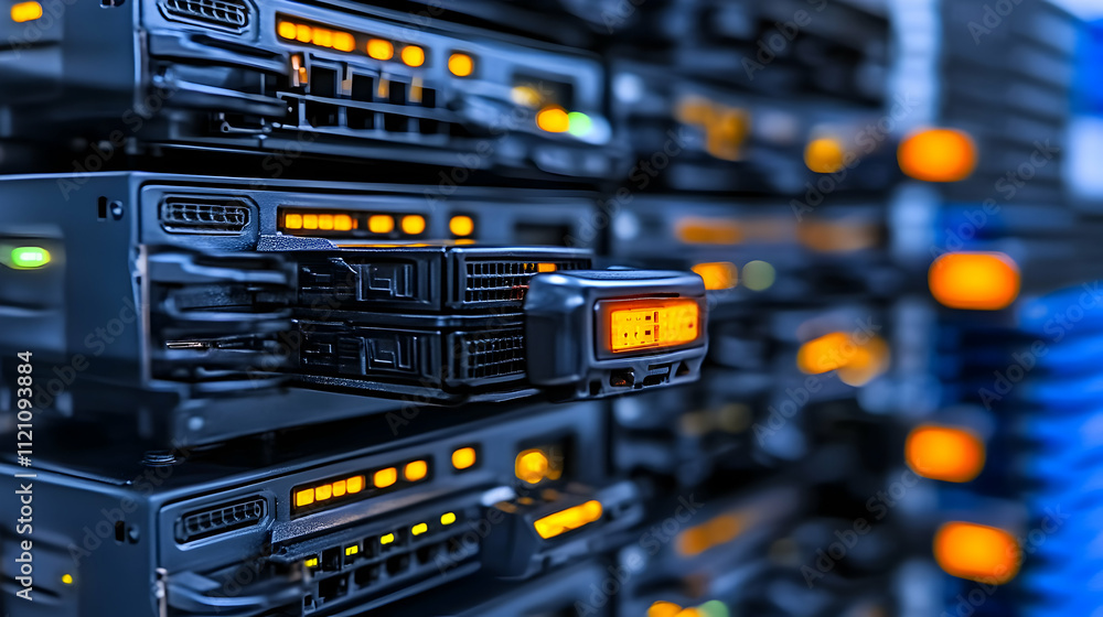 Bokeh effects and bright orange and yellow lights in an abstract close-up of a server rack with data storage lights, representing contemporary digital infrastructure and data technology Bokeh effects and bright orange and yellow lights in an abstract close-up of a server rack with data storage lights, representing contemporary digital infrastructure and data technology