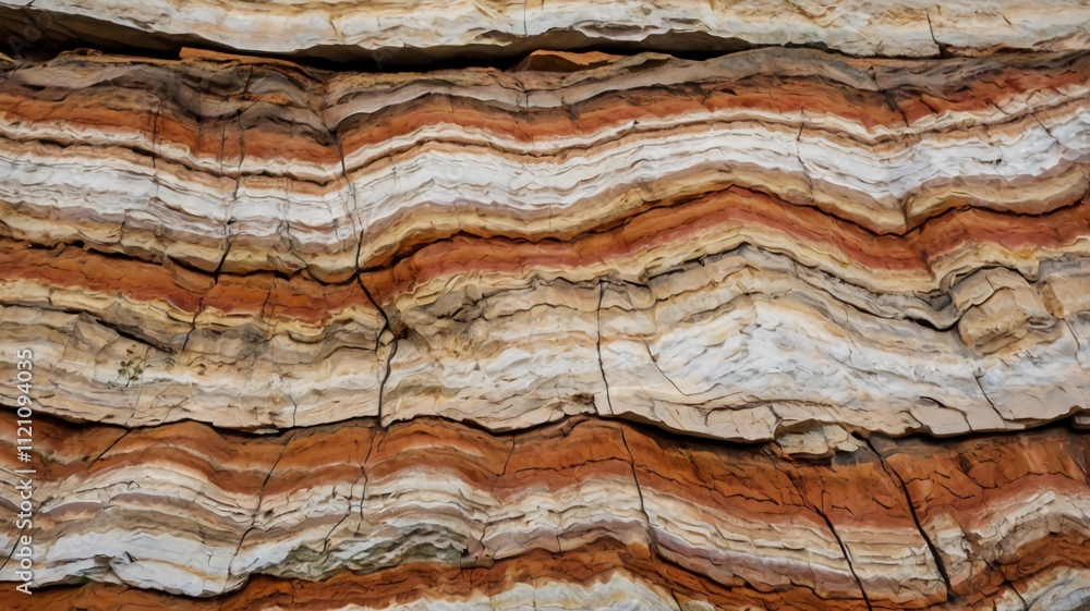 A close-up view of sedimentary rock layers with white and brown stripes, showcasing the texture and geological patterns of the rock formation. A close-up view of sedimentary rock layers with white and brown stripes, showcasing the texture and geological patterns of the rock formation.