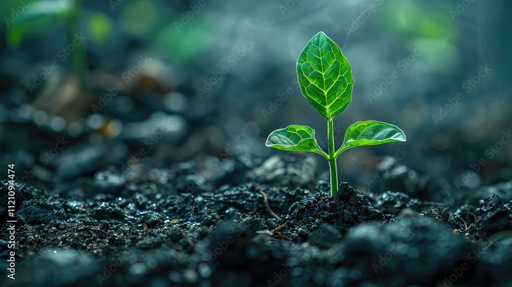 Small green sprout emerges from dark soil, signifying new growth and life. Small green sprout emerges from dark soil, signifying new growth and life.