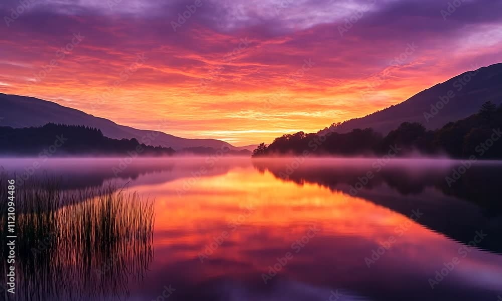 Misty Lake with a Vibrant Sunrise and Mountain Reflections Misty Lake with a Vibrant Sunrise and Mountain Reflections