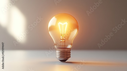 minimalistic single glowing light bulb placed on smooth white surface symbolizing ideas and inspiration with copy space