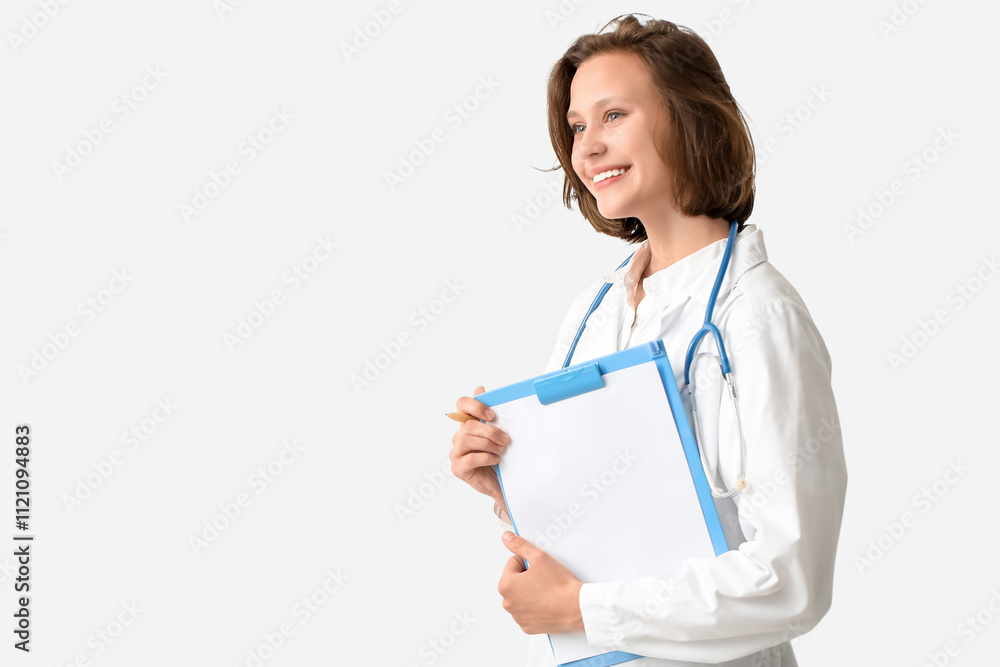 Beautiful female doctor with clipboard on white background Beautiful female doctor with clipboard on white background