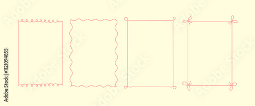 Set doodle scallop hand drawn frames with wavy lines and bow.. Minimalist simple line art. Trendy retro vintage whimsical borders for wedding invitations, birthday card, prints. Vector illustration.