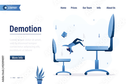 Demotion, landing page. Businesswoman loser fall down from giant office chair. Regress, economic crisis or career stumble. Business risk, mistake or failure,