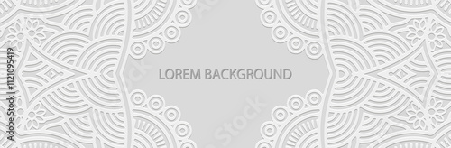 Banner, lace cover design. Geometric 3D pattern on white lorem background, space for text. Embossed ornaments, arabesques, mandala of the East, Asia, India, Mexico, Aztec, Peru. Ethnic festive print. 