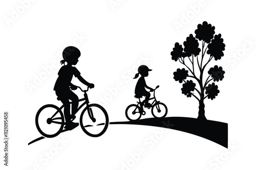 Silhouette children riding bicycles in a park