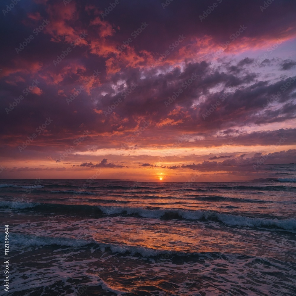 A dramatic ocean sunset with the sky in shades of pink and purple.
A dramatic ocean sunset with the sky in shades of pink and purple.