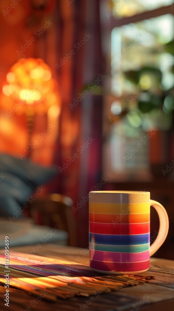 Vibrant layered ceramic mug with a colorful striped pattern placed on a rustic wooden table creating a cozy and warm ambience in a home interior setting Vibrant layered ceramic mug with a colorful striped pattern placed on a rustic wooden table creating a cozy and warm ambience in a home interior setting
