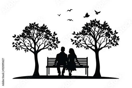 Silhouette of Man and woman sitting on a park bench