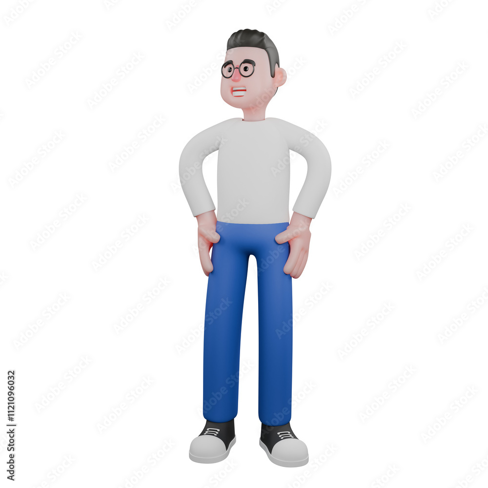 Cartoon Character 3D Model Video Editor Design. A male video editor stands looking to the right with both hands on his waist. Illustration Design. Cartoon Character 3D Model Video Editor Design. A male video editor stands looking to the right with both hands on his waist. Illustration Design.