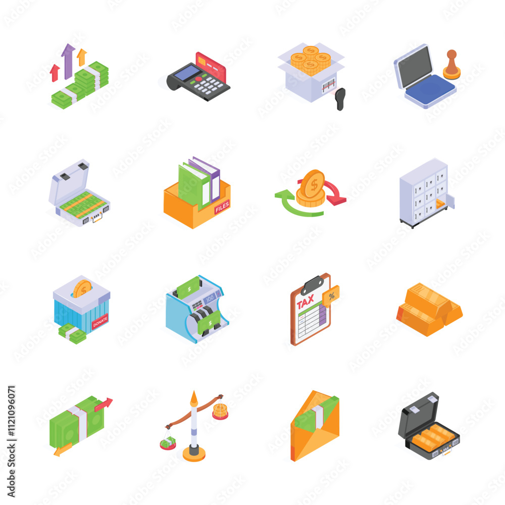 This set of isometric icons depicts various financial concepts and tools This set of isometric icons depicts various financial concepts and tools