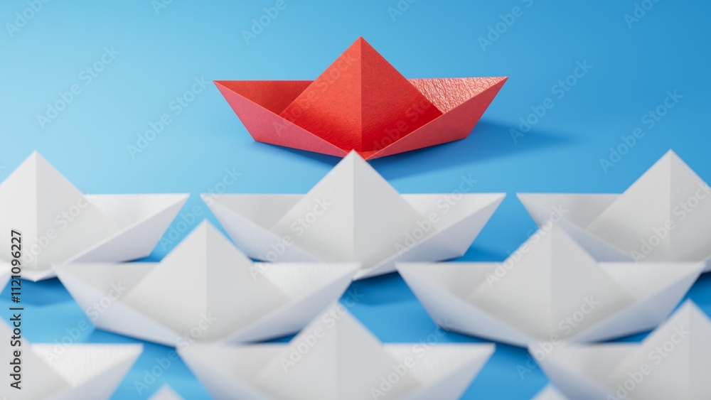 Different business concept.new ideas. paper art style. creative idea.Red and white paper boat. leader boat concept.3D rendering on blue background. Different business concept.new ideas. paper art style. creative idea.Red and white paper boat. leader boat concept.3D rendering on blue background.