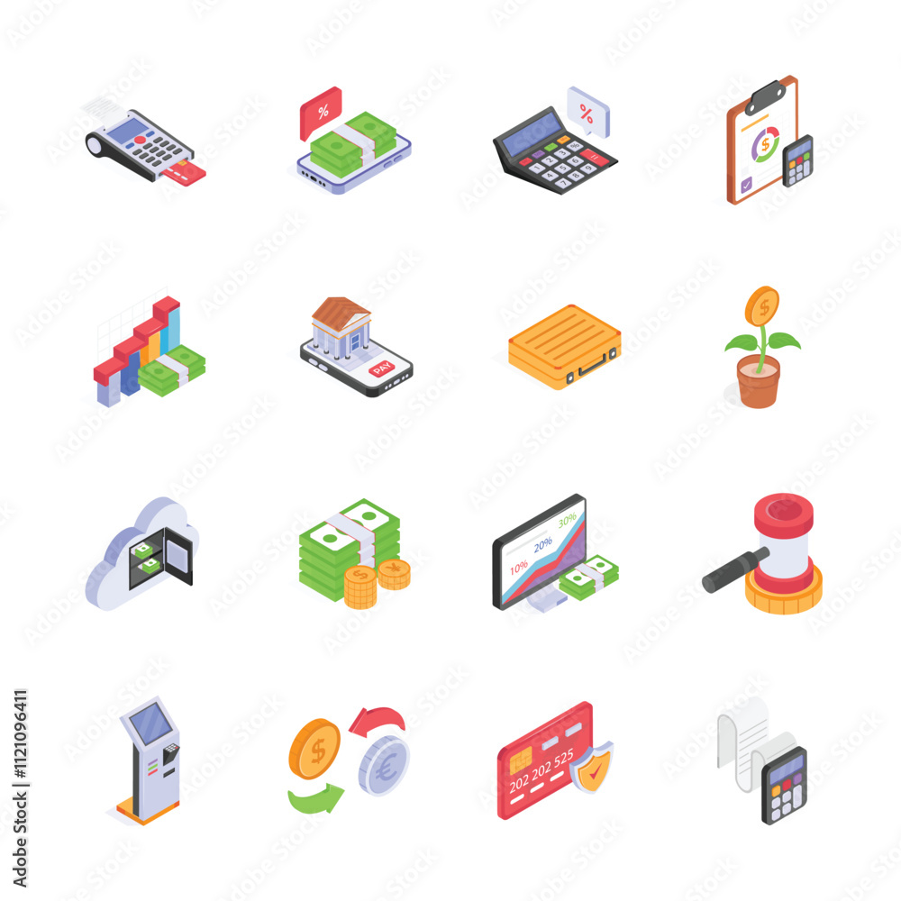 This image set features a collection of isometric icons, depicting diverse financial and business concepts This image set features a collection of isometric icons, depicting diverse financial and business concepts
