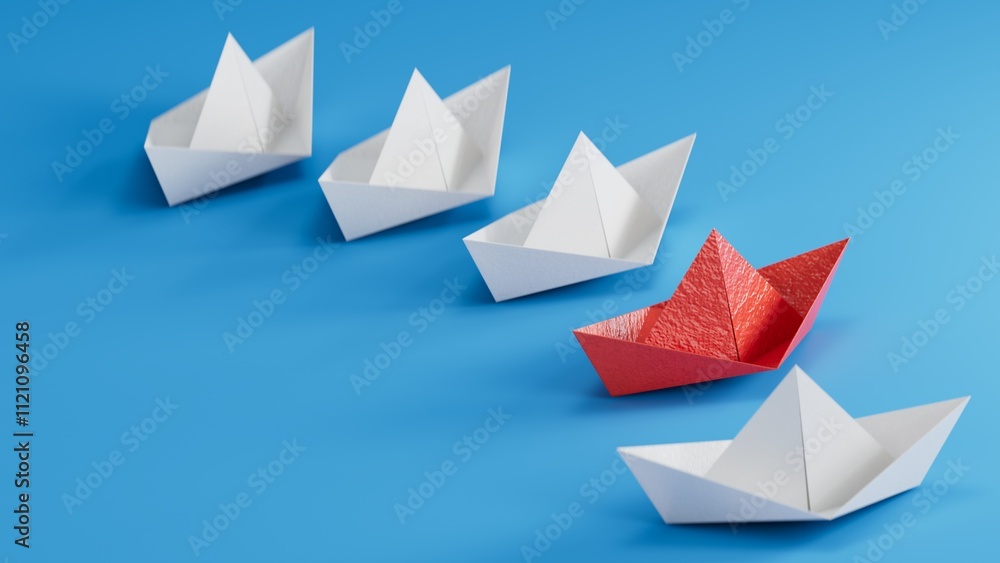 Different business concept.new ideas. paper art style. creative idea.fleet of origami paper boats. Teamwork concept.3D rendering on blue background. Different business concept.new ideas. paper art style. creative idea.fleet of origami paper boats. Teamwork concept.3D rendering on blue background.