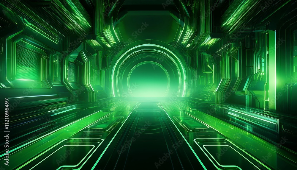 Futuristic green tunnel with glowing elements. Futuristic green tunnel with glowing elements.