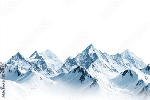 Snowy mountain range against a white background. Ideal for winter, travel, or nature projects needing a majestic backdrop.