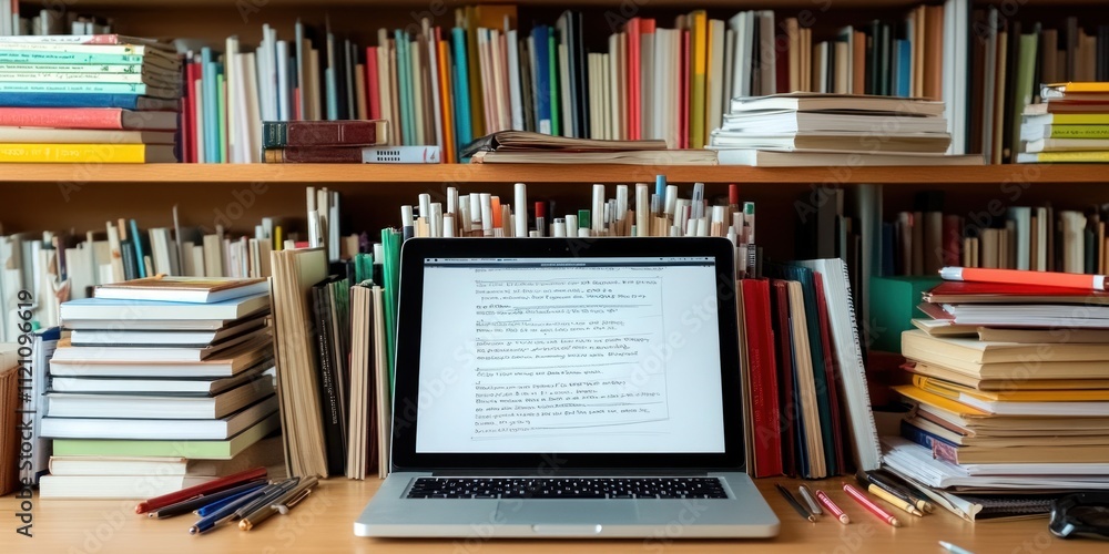 A laptop surrounded by stacks of books and pens on a wooden desk, suggesting study or work. A laptop surrounded by stacks of books and pens on a wooden desk, suggesting study or work.