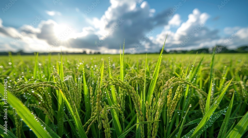 Fototapeta premium Close-up of green rice ears in paddy field on sunny day