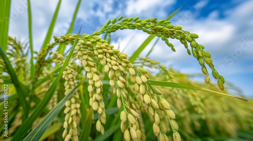 Close-up of green rice ears in paddy field on sunny day