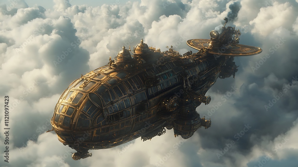 A steampunk-inspired airship sailing through a cloudy sky with intricate brass details A steampunk-inspired airship sailing through a cloudy sky with intricate brass details