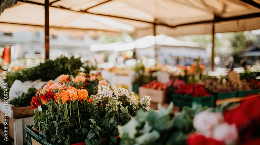 Fototapeta premium Vibrant Flowers at a Market Stall